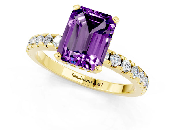 Yellow gold Emerald Cut Amethyst Solitaire Ring with Round  Pavé Band and Four-Prong Setting