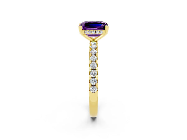 Yellow gold Emerald Cut Amethyst Solitaire Ring with Round  Pavé Band and Four-Prong Setting