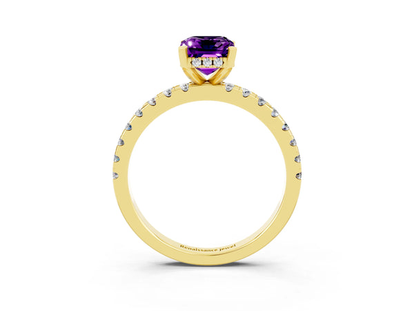 Yellow gold Emerald Cut Amethyst Solitaire Ring with Round  Pavé Band and Four-Prong Setting