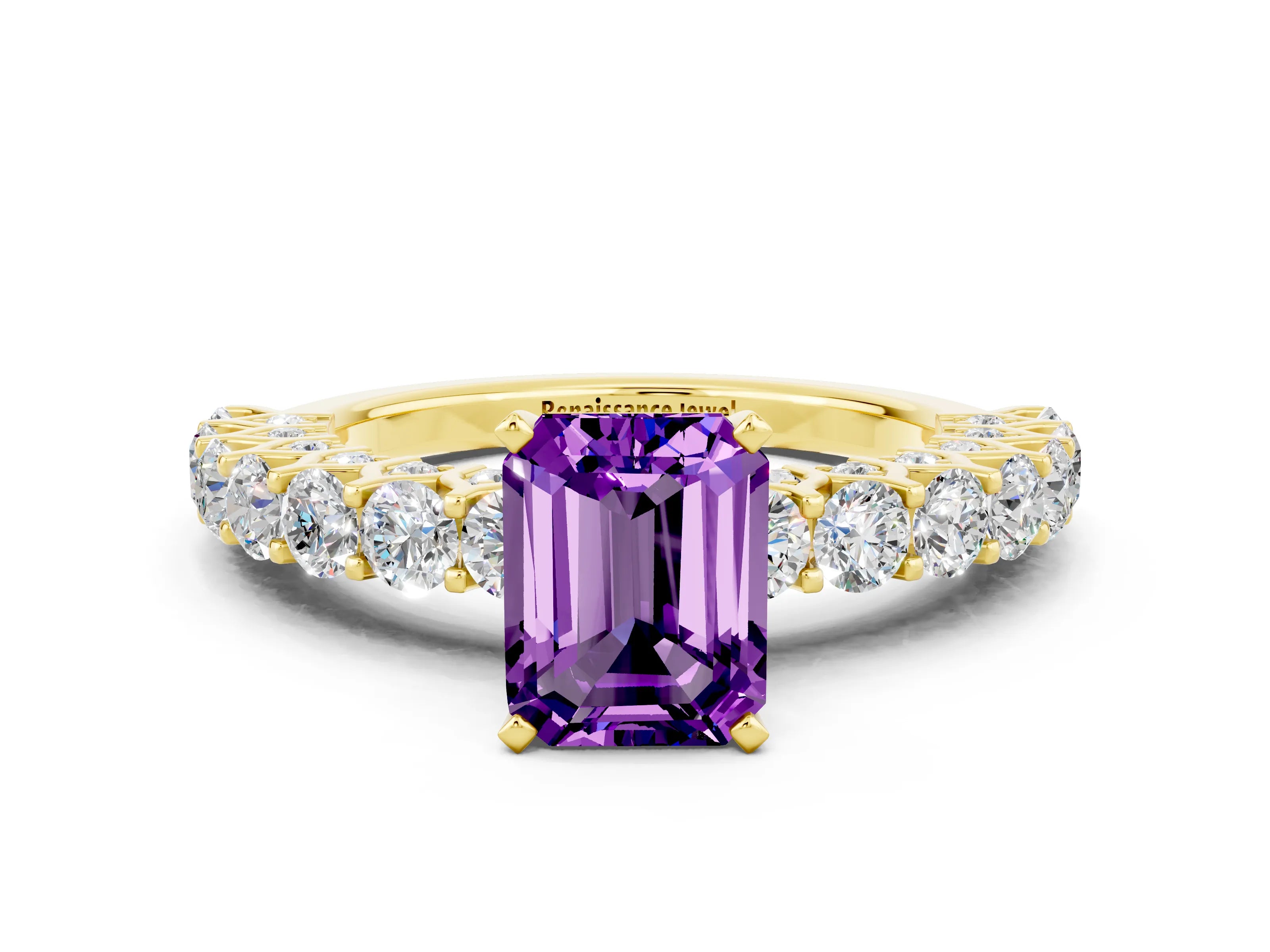 Yellow gold Emerald Cut Amethyst Solitaire Ring with Shared Prong Pavé Band and Four-Prong Setting