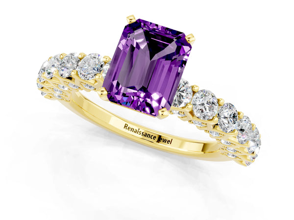 Yellow gold Emerald Cut Amethyst Solitaire Ring with Shared Prong Pavé Band and Four-Prong Setting