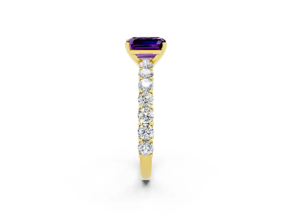 Yellow gold Emerald Cut Amethyst Solitaire Ring with Shared Prong Pavé Band and Four-Prong Setting