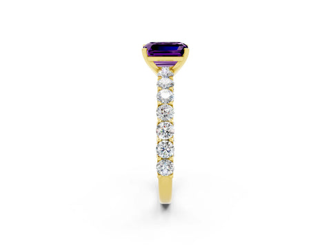 Yellow gold Emerald Cut Amethyst Solitaire Ring with Shared Prong Pavé Band and Four-Prong Setting_2