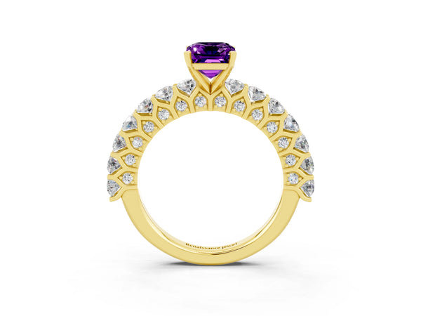 Yellow gold Emerald Cut Amethyst Solitaire Ring with Shared Prong Pavé Band and Four-Prong Setting