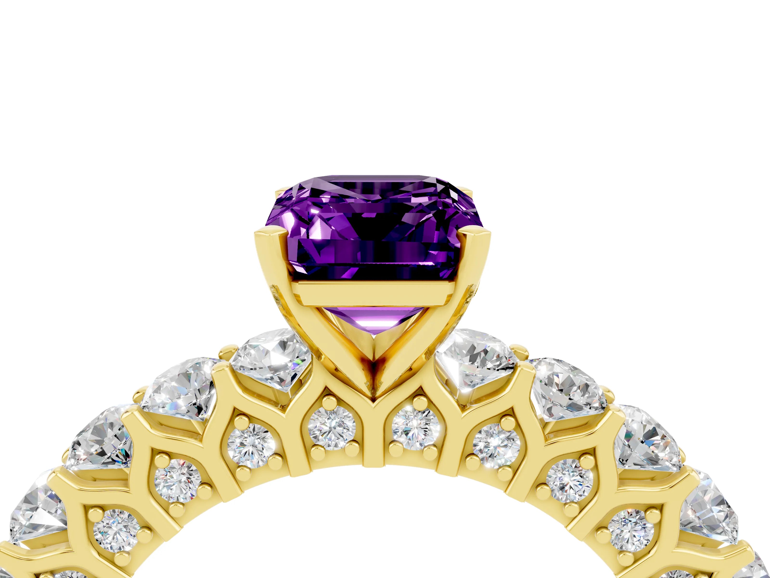 Yellow gold Emerald Cut Amethyst Solitaire Ring with Shared Prong Pavé Band and Four-Prong Setting_4