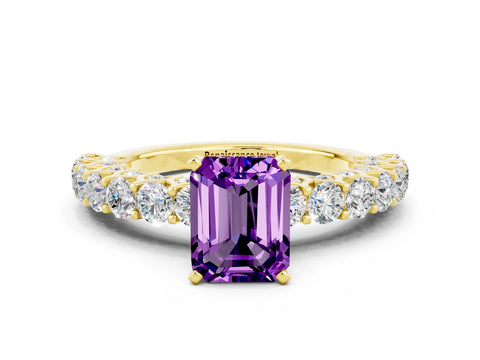 Yellow gold Emerald Cut Amethyst Solitaire Ring with Shared Prong Pavé Band and Four-Prong Setting