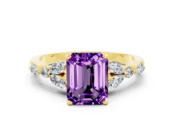 Yellow gold Emerald Cut Amethyst Solitaire Ring with Side Stones and Four-Prong Setting