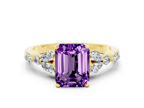 Yellow gold Emerald Cut Amethyst Solitaire Ring with Side Stones and Four-Prong Setting_12