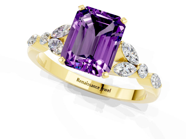 Yellow gold Emerald Cut Amethyst Solitaire Ring with Side Stones and Four-Prong Setting