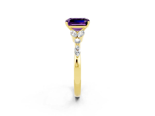Yellow gold Emerald Cut Amethyst Solitaire Ring with Side Stones and Four-Prong Setting