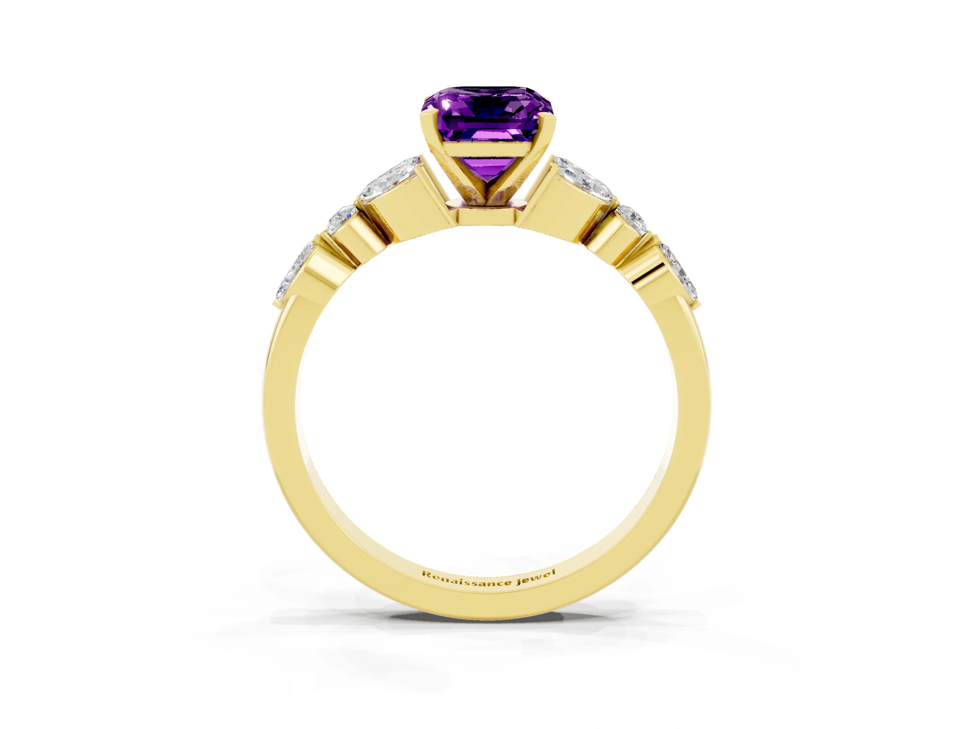Yellow gold Emerald Cut Amethyst Solitaire Ring with Side Stones and Four-Prong Setting_15