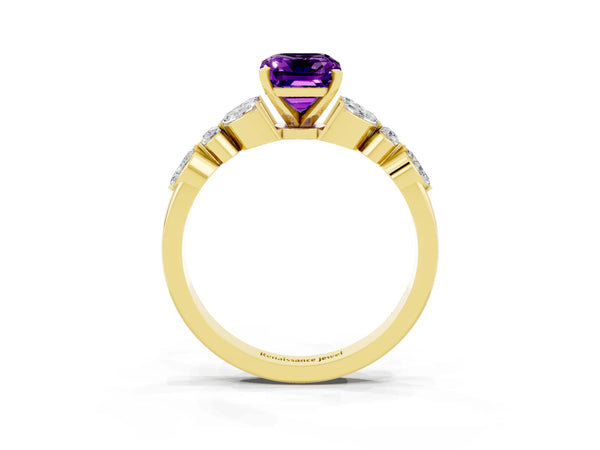 Yellow gold Emerald Cut Amethyst Solitaire Ring with Side Stones and Four-Prong Setting