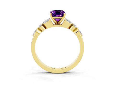 Yellow gold Emerald Cut Amethyst Solitaire Ring with Side Stones and Four-Prong Setting_15