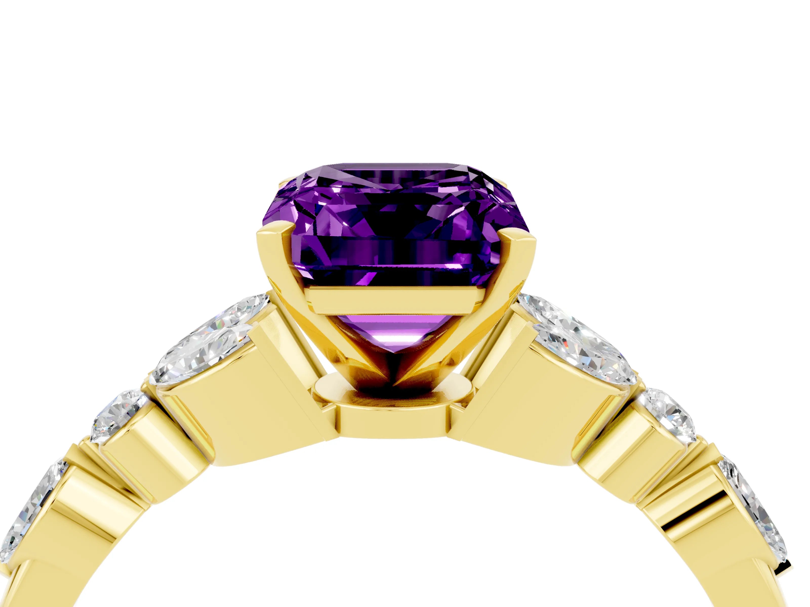 Yellow gold Emerald Cut Amethyst Solitaire Ring with Side Stones and Four-Prong Setting_16