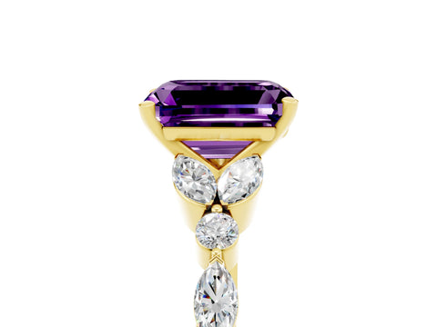 Yellow gold Emerald Cut Amethyst Solitaire Ring with Side Stones and Four-Prong Setting_17