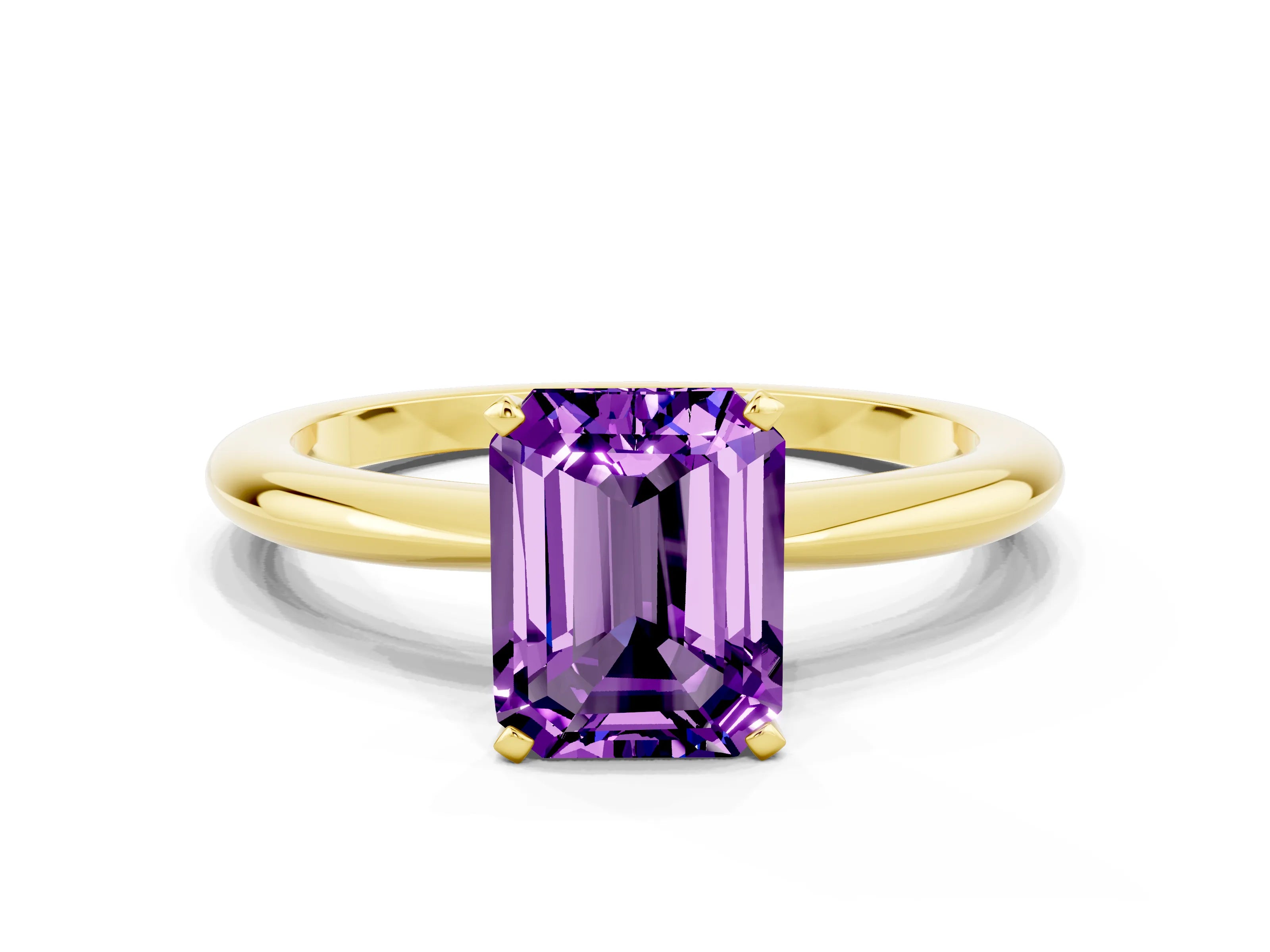 Yellow gold Emerald Cut Amethyst Solitaire Ring with Six-Prong Setting and Classic Band