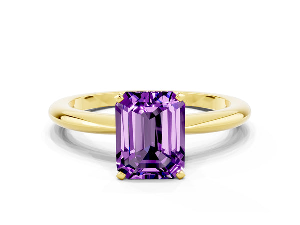 Yellow gold Emerald Cut Amethyst Solitaire Ring with Six-Prong Setting and Classic Band