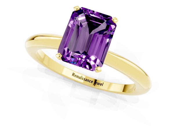 Yellow gold Emerald Cut Amethyst Solitaire Ring with Six-Prong Setting and Classic Band