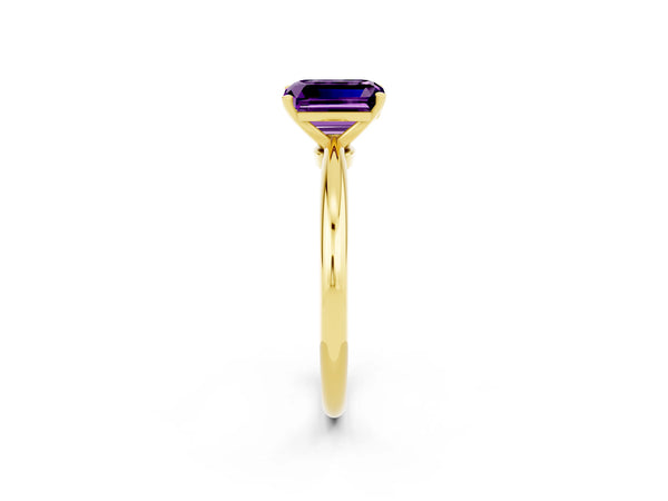 Yellow gold Emerald Cut Amethyst Solitaire Ring with Six-Prong Setting and Classic Band