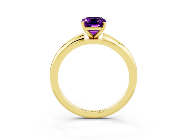 Yellow gold Emerald Cut Amethyst Solitaire Ring with Six-Prong Setting and Classic Band