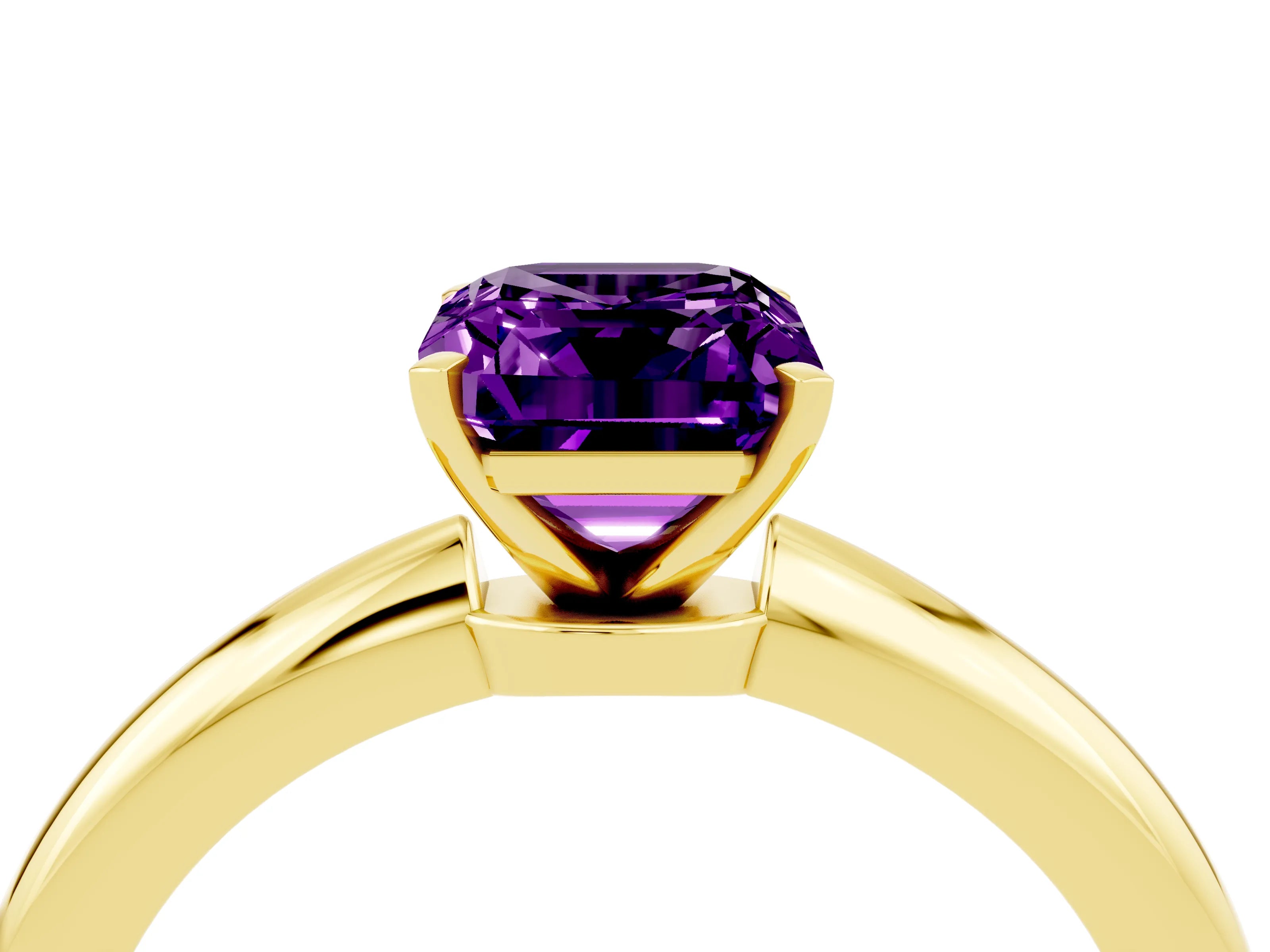 Yellow gold Emerald Cut Amethyst Solitaire Ring with Six-Prong Setting and Classic Band_4
