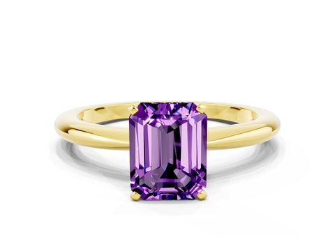 Yellow gold Emerald Cut Amethyst Solitaire Ring with Six-Prong Setting and Classic Band