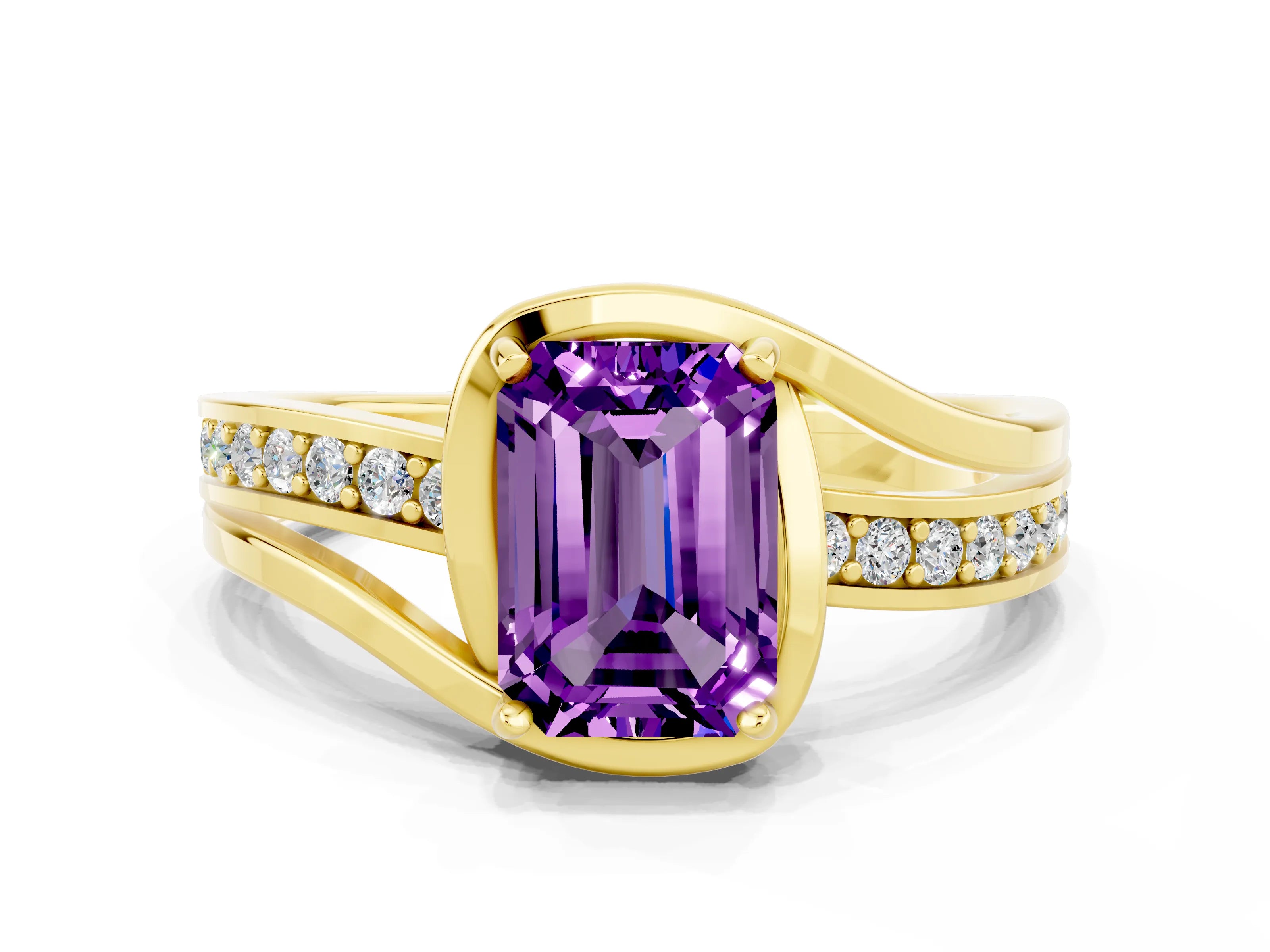 Yellow gold Emerald Cut Amethyst Solitaire Ring with Split Shank and Prong Setting