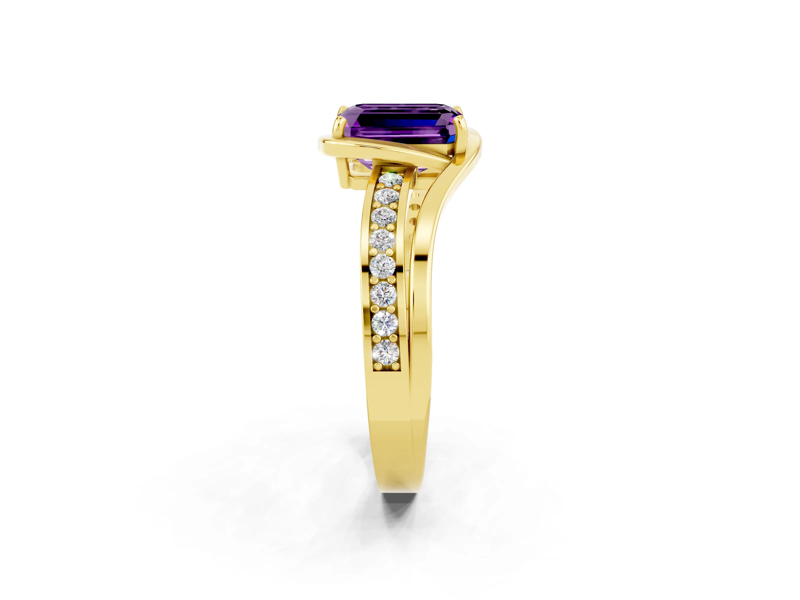 Yellow gold Emerald Cut Amethyst Solitaire Ring with Split Shank and Prong Setting_2