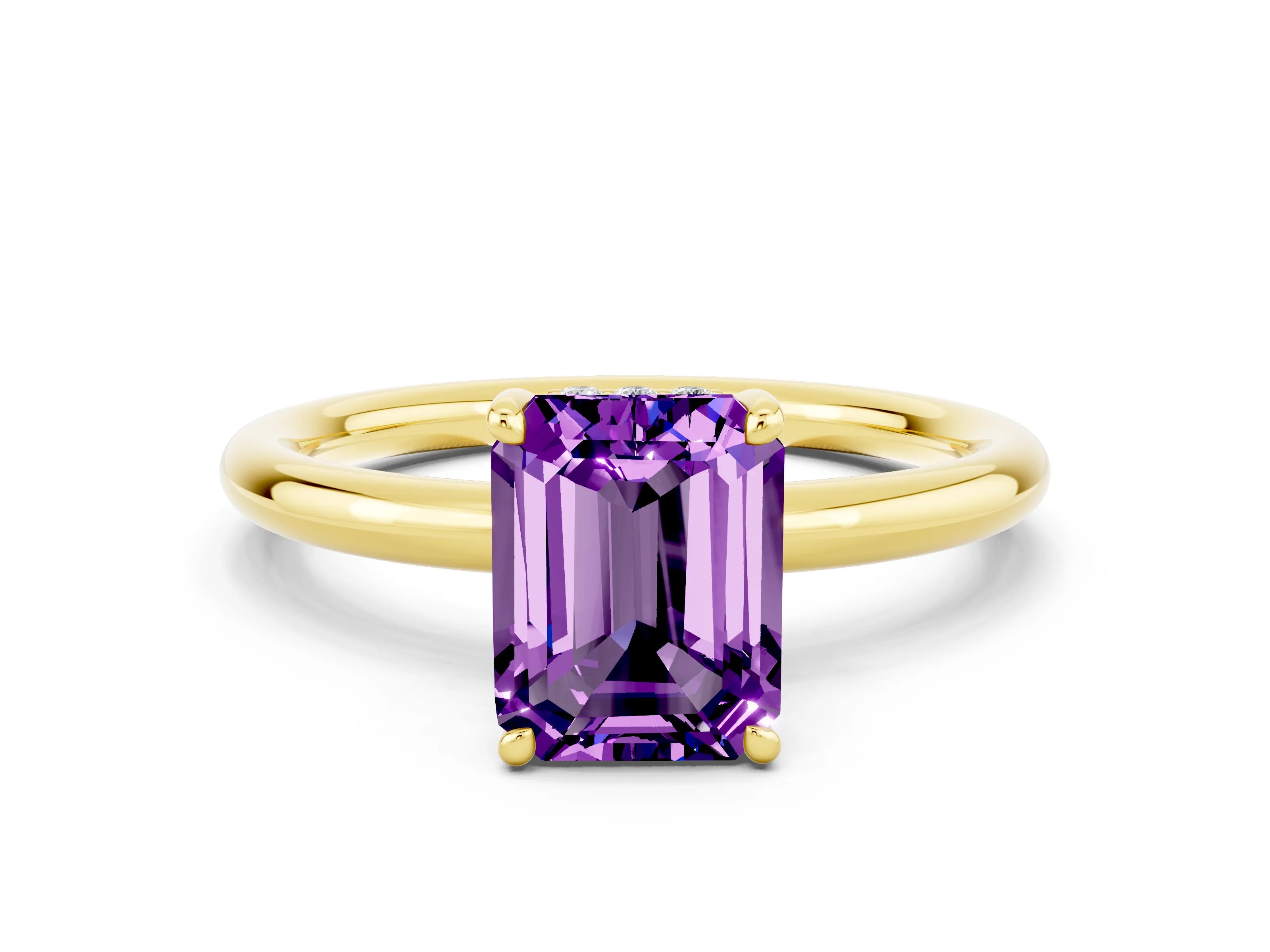 Yellow gold Emerald Cut Amethyst Solitaire Ring with Thin Band and Four-Prong Setting_12