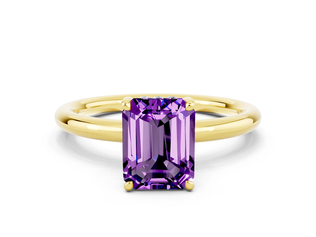 Yellow gold Emerald Cut Amethyst Solitaire Ring with Thin Band and Four-Prong Setting_12