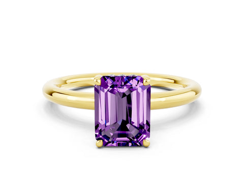 Yellow gold Emerald Cut Amethyst Solitaire Ring with Thin Band and Four-Prong Setting_12