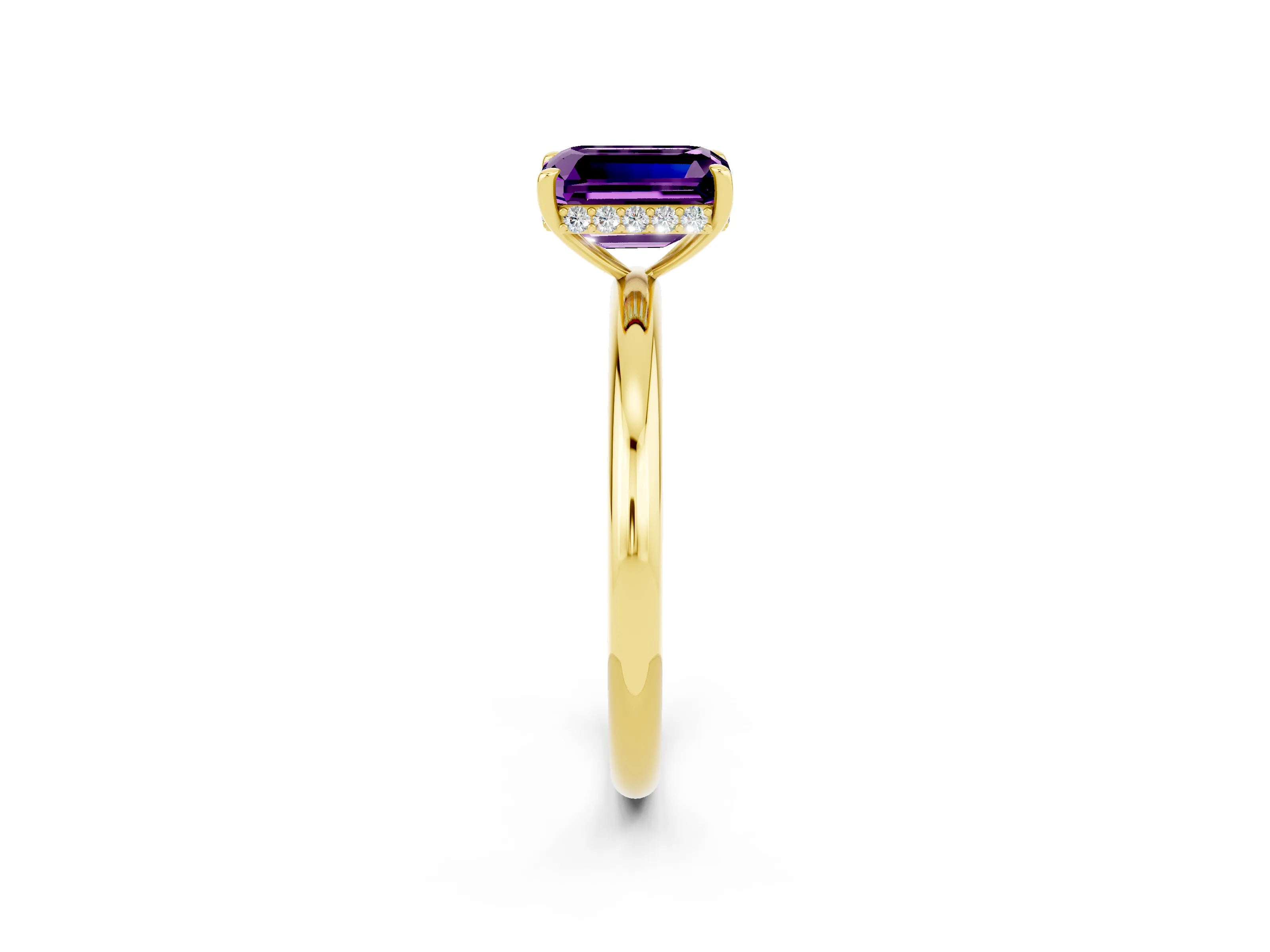 Yellow gold Emerald Cut Amethyst Solitaire Ring with Thin Band and Four-Prong Setting_14
