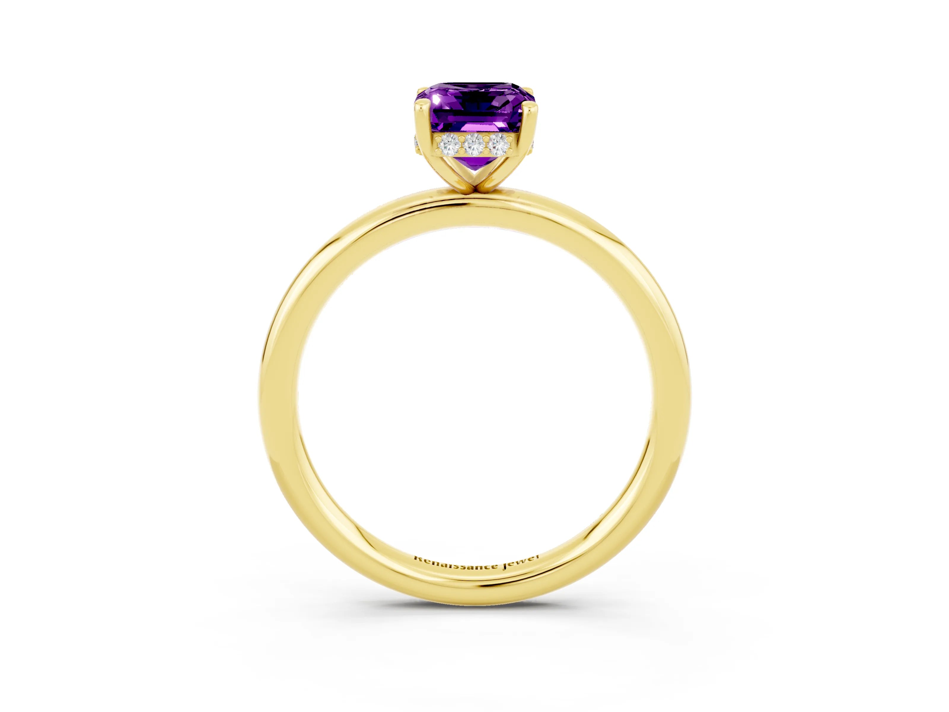 Yellow gold Emerald Cut Amethyst Solitaire Ring with Thin Band and Four-Prong Setting_15