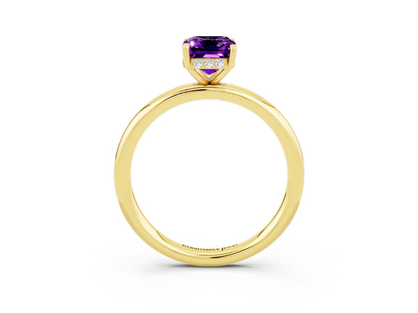 Yellow gold Emerald Cut Amethyst Solitaire Ring with Thin Band and Four-Prong Setting