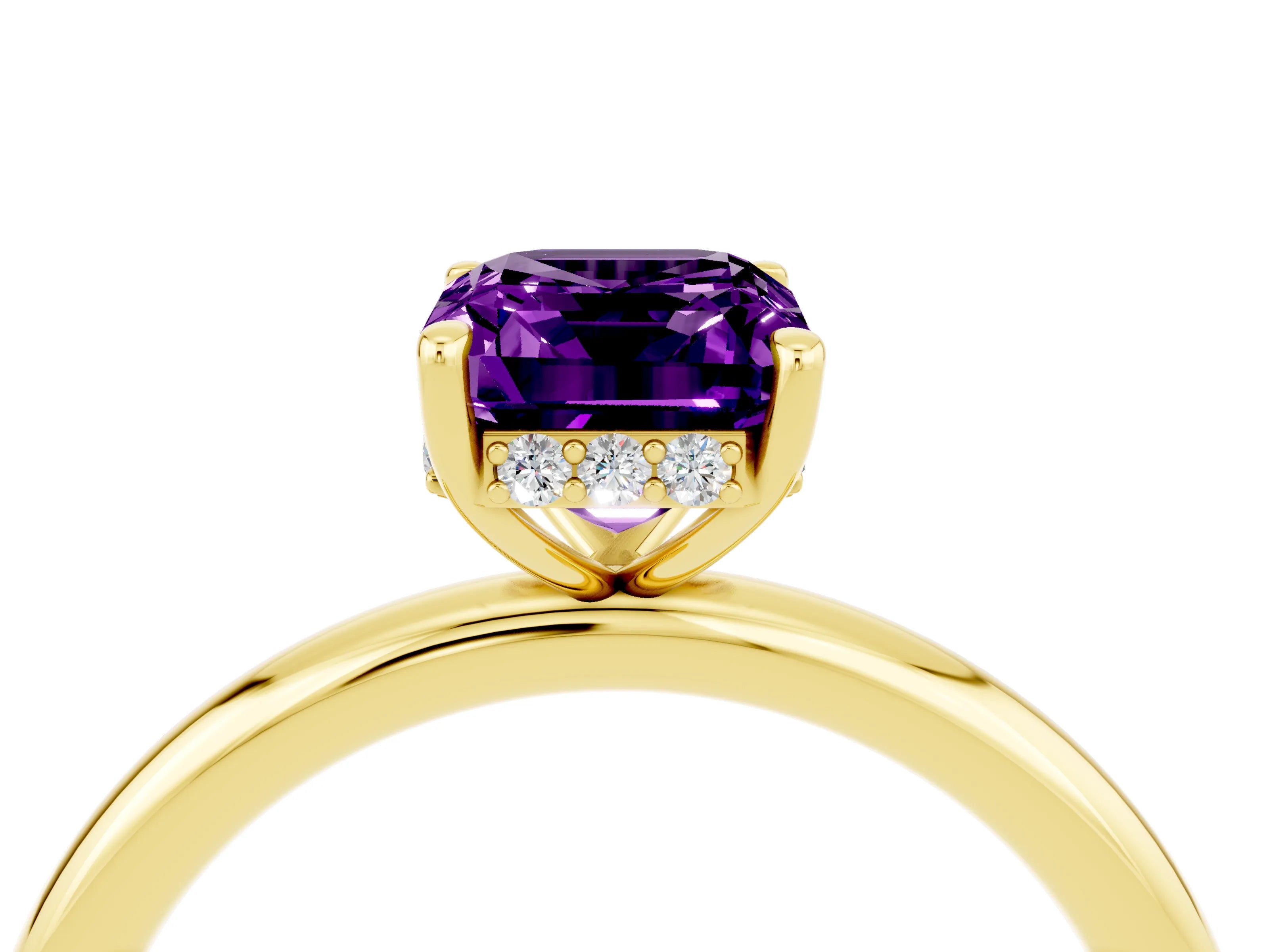Yellow gold Emerald Cut Amethyst Solitaire Ring with Thin Band and Four-Prong Setting_16