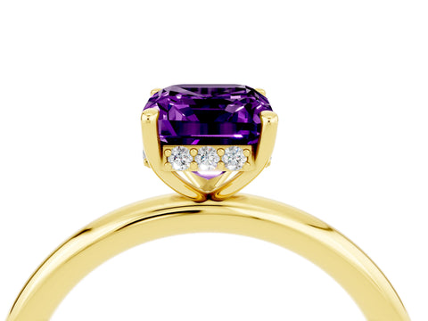 Yellow gold Emerald Cut Amethyst Solitaire Ring with Thin Band and Four-Prong Setting_16