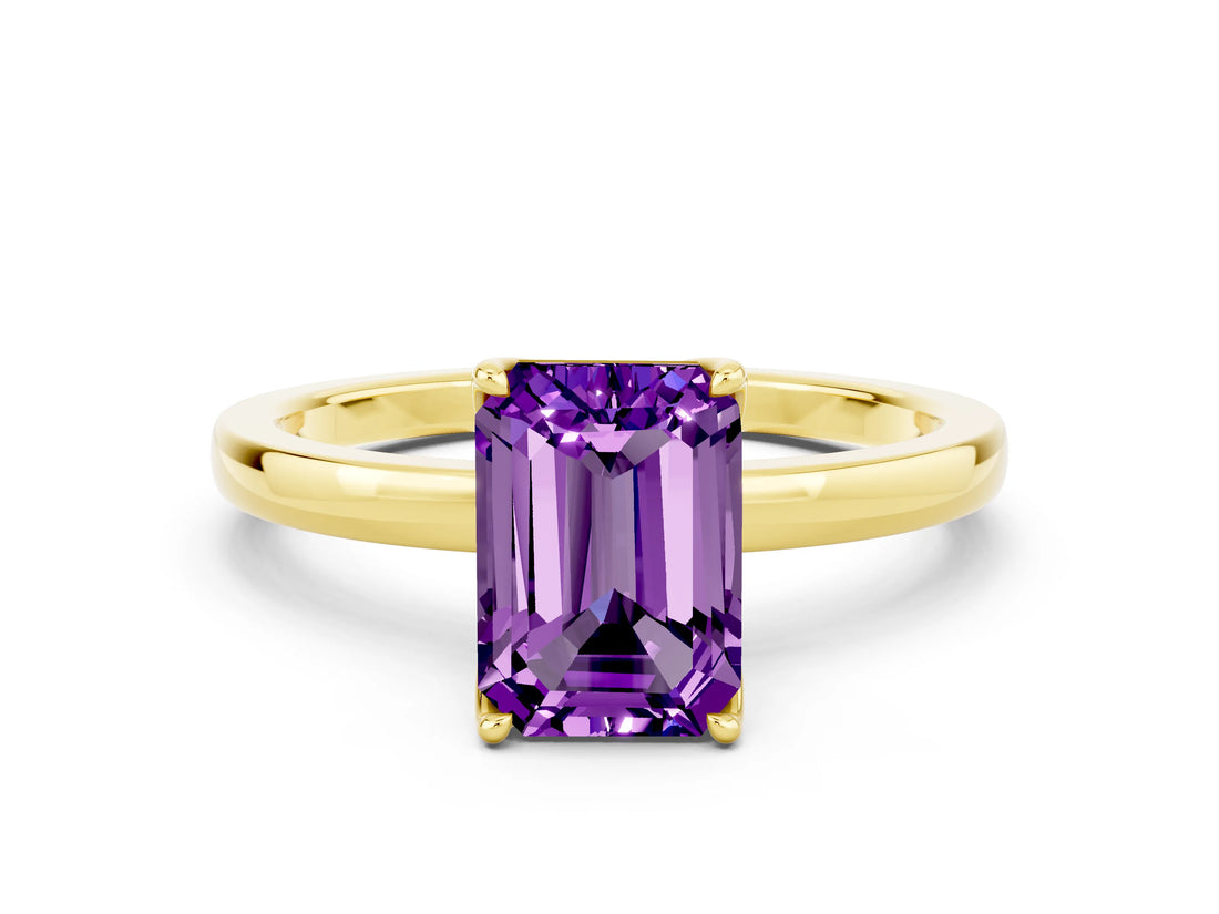 Yellow gold Emerald Cut Amethyst Solitaire Ring with Thin Band and Prong Setting_12