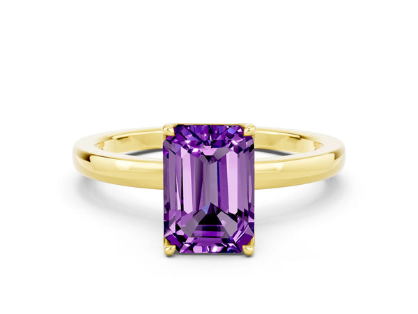 Yellow gold Emerald Cut Amethyst Solitaire Ring with Thin Band and Prong Setting
