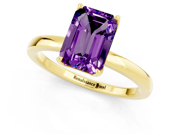 Yellow gold Emerald Cut Amethyst Solitaire Ring with Thin Band and Prong Setting