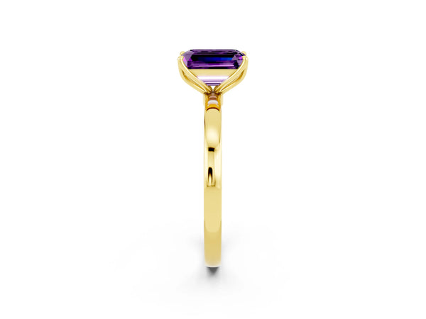Yellow gold Emerald Cut Amethyst Solitaire Ring with Thin Band and Prong Setting