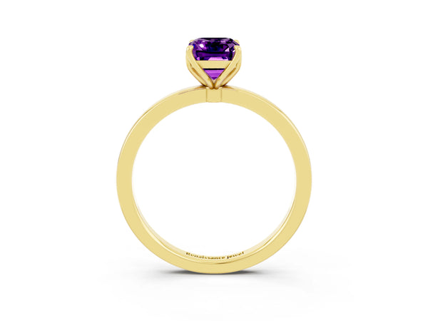 Yellow gold Emerald Cut Amethyst Solitaire Ring with Thin Band and Prong Setting