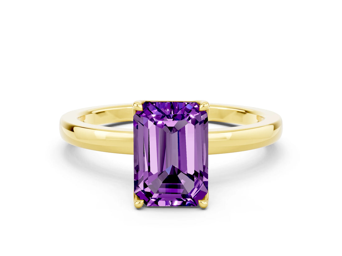 Yellow gold Emerald Cut Amethyst Solitaire Ring with Thin Band and Prong Setting_24