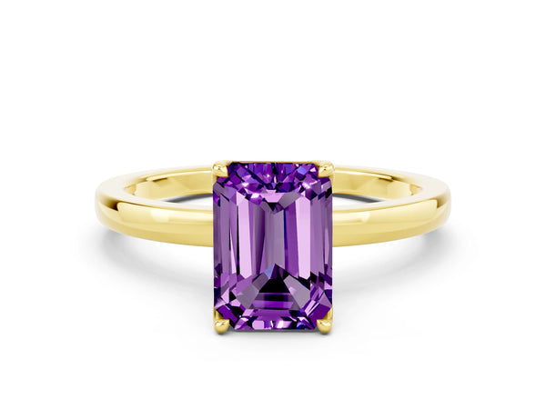 Yellow gold Emerald Cut Amethyst Solitaire Ring with Thin Band and Prong Setting