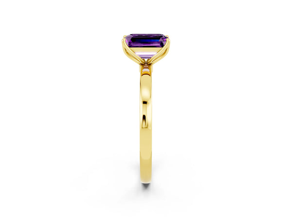 Yellow gold Emerald Cut Amethyst Solitaire Ring with Thin Band and Prong Setting