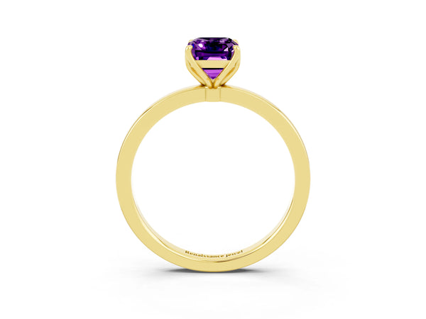 Yellow gold Emerald Cut Amethyst Solitaire Ring with Thin Band and Prong Setting