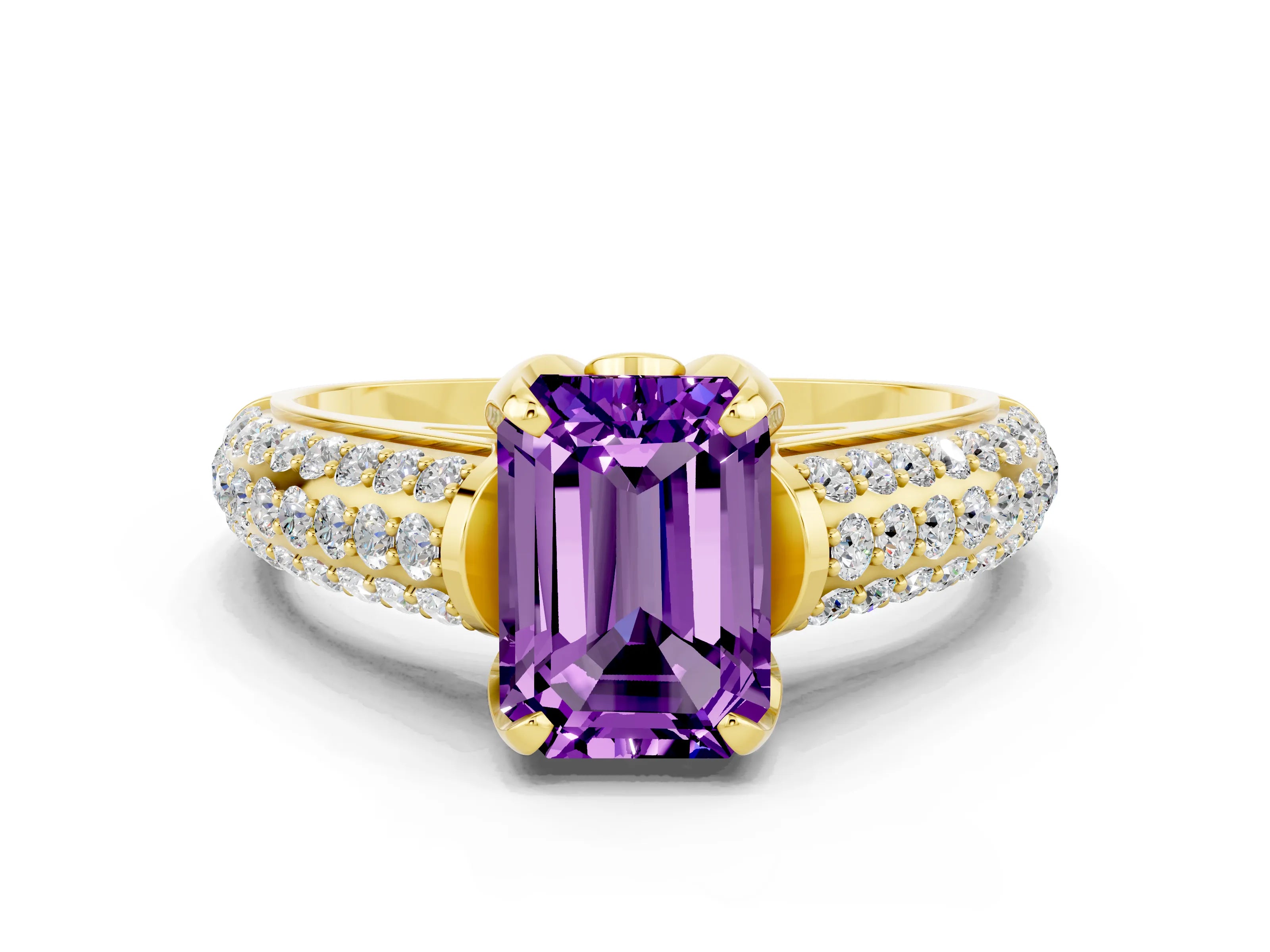 Yellow gold Emerald Cut Amethyst Solitaire Ring with Three-Row Pavé Band and Four-Prong Setting_12