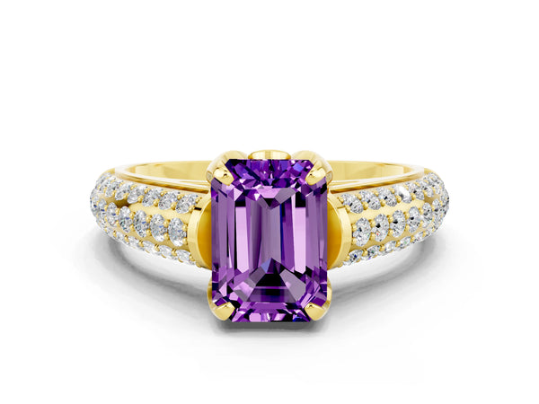 Yellow gold Emerald Cut Amethyst Solitaire Ring with Three-Row Pavé Band and Four-Prong Setting