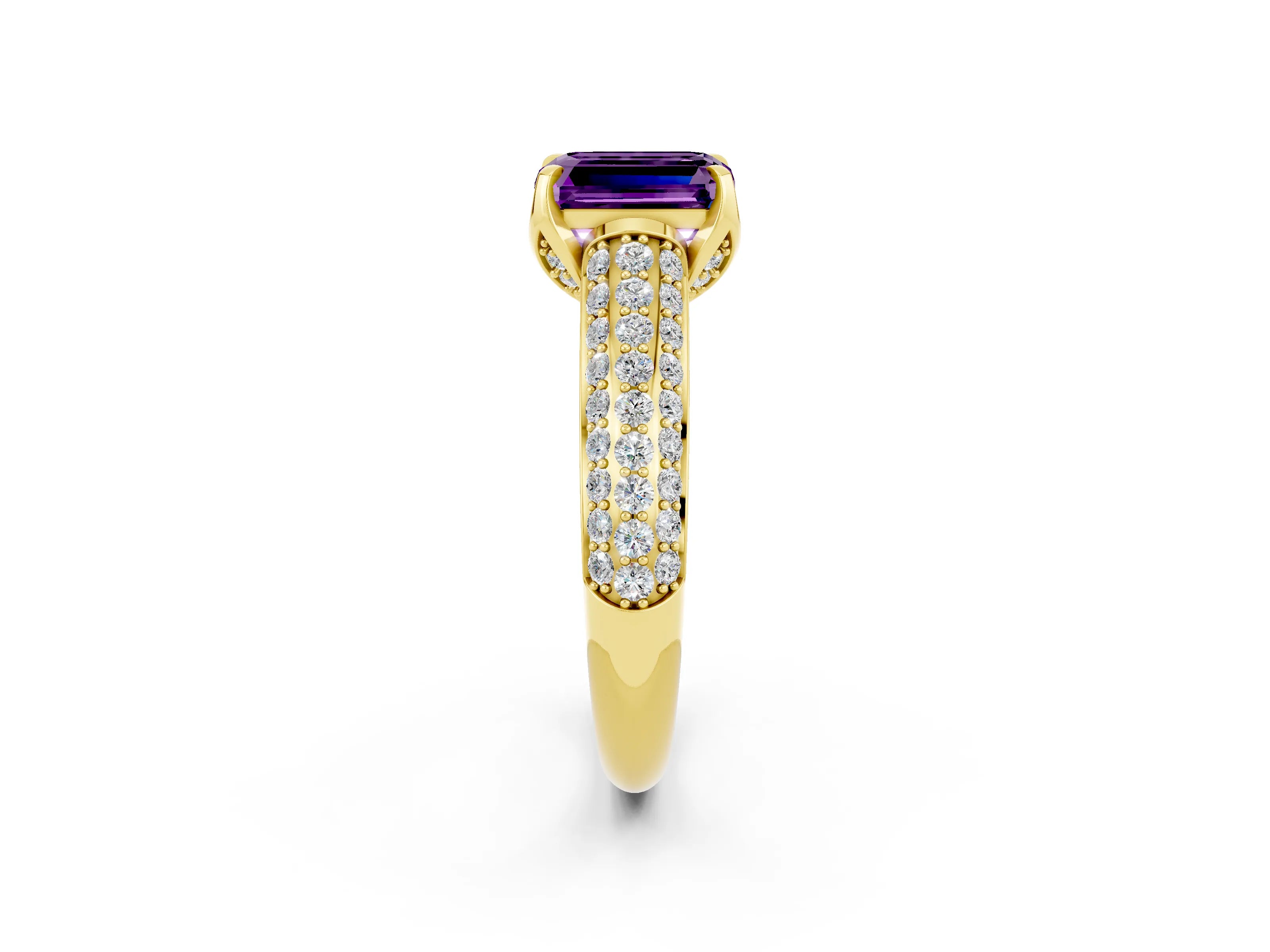 Yellow gold Emerald Cut Amethyst Solitaire Ring with Three-Row Pavé Band and Four-Prong Setting_14