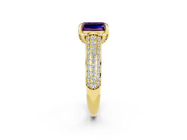 Yellow gold Emerald Cut Amethyst Solitaire Ring with Three-Row Pavé Band and Four-Prong Setting