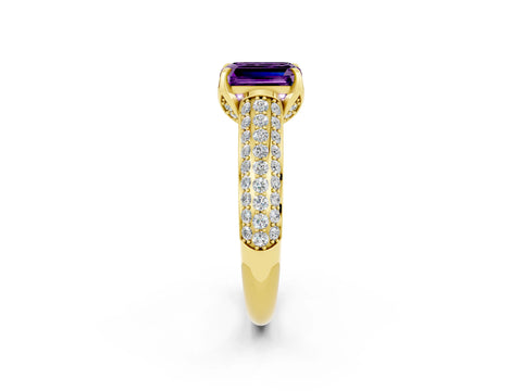 Yellow gold Emerald Cut Amethyst Solitaire Ring with Three-Row Pavé Band and Four-Prong Setting_14